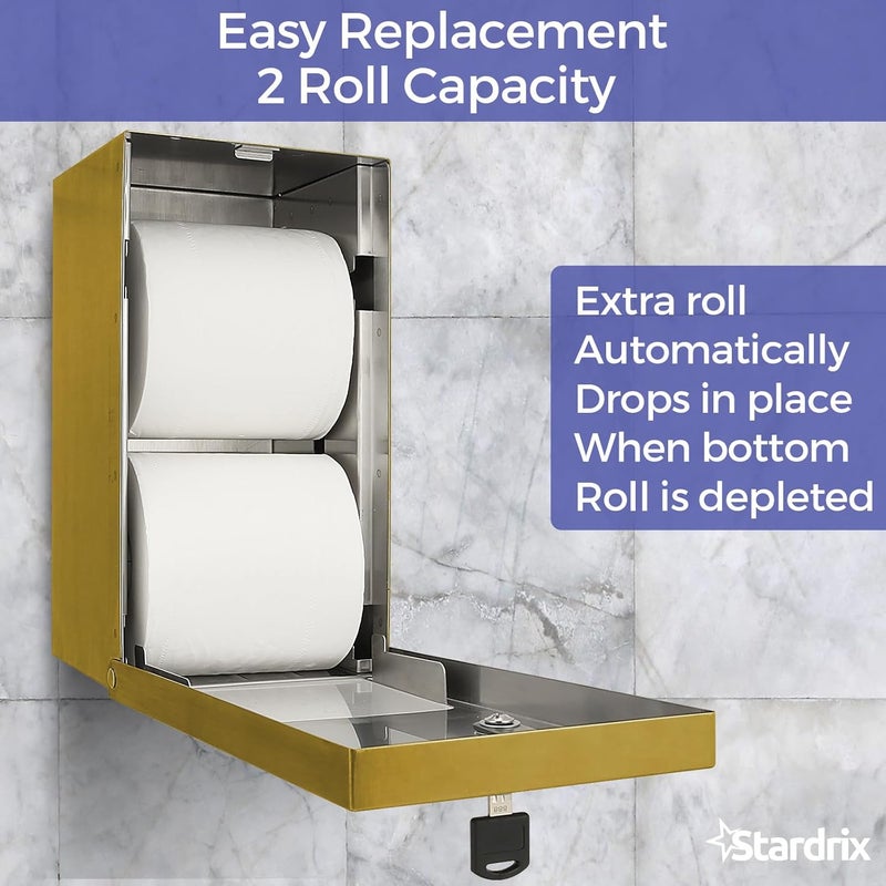 stardrix Gold 2 Roll Stainless Steel Commercial Toilet Paper Dispenser, Heavy Duty Wall Mount Tissue Holder with Lock for Restroom/Bathroom - Image 3